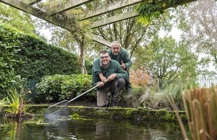 Twee hoveniers werken samen bij een vijver en halen plantenresten uit het water.