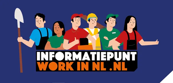 Illustratie van diverse werkers met het logo Informatiepunt Work in NL.nl.